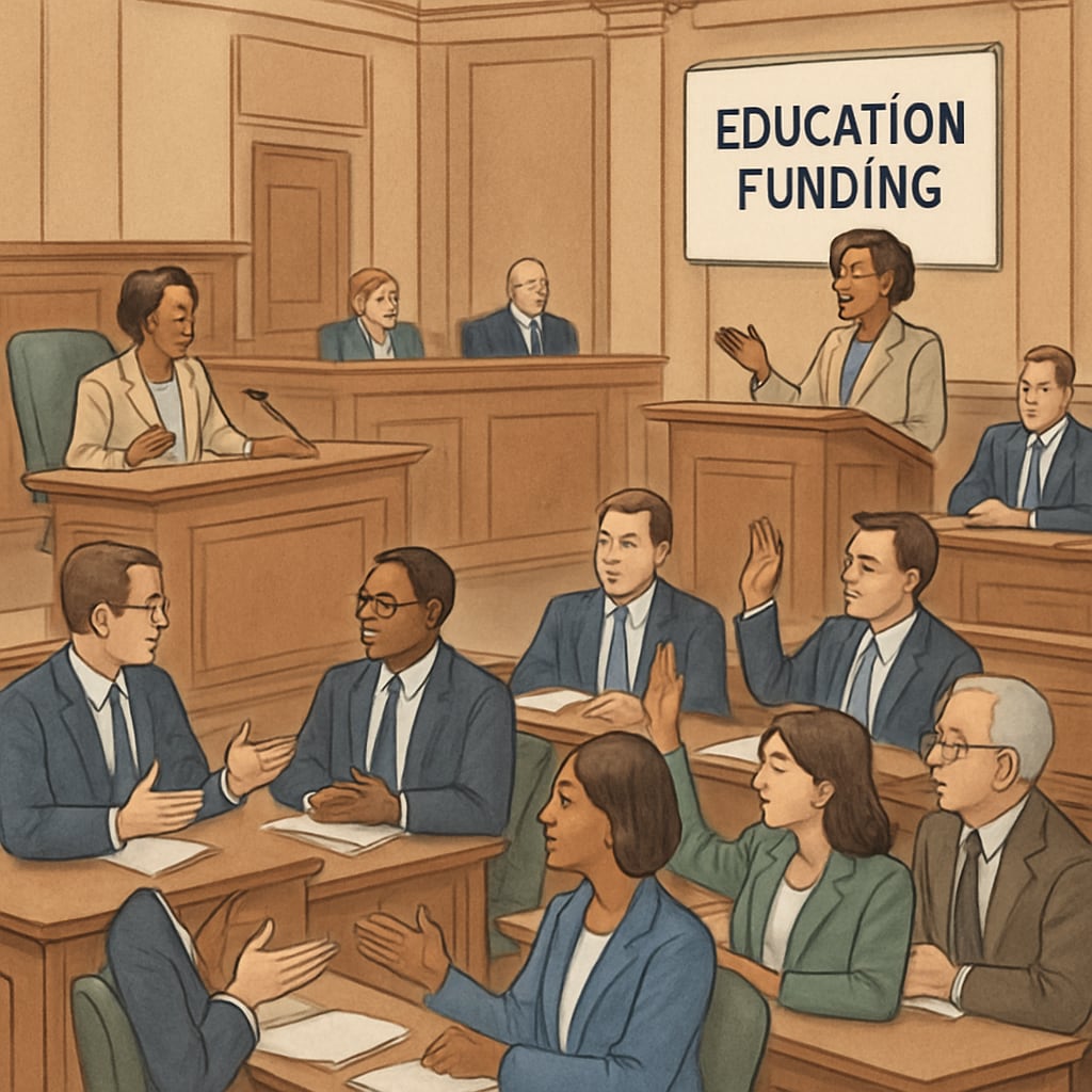Lawmakers in a legislative session discussing proposed education funding policies. Lawmakers discussing education policy in a legislative session, related to public education funds and privatization.