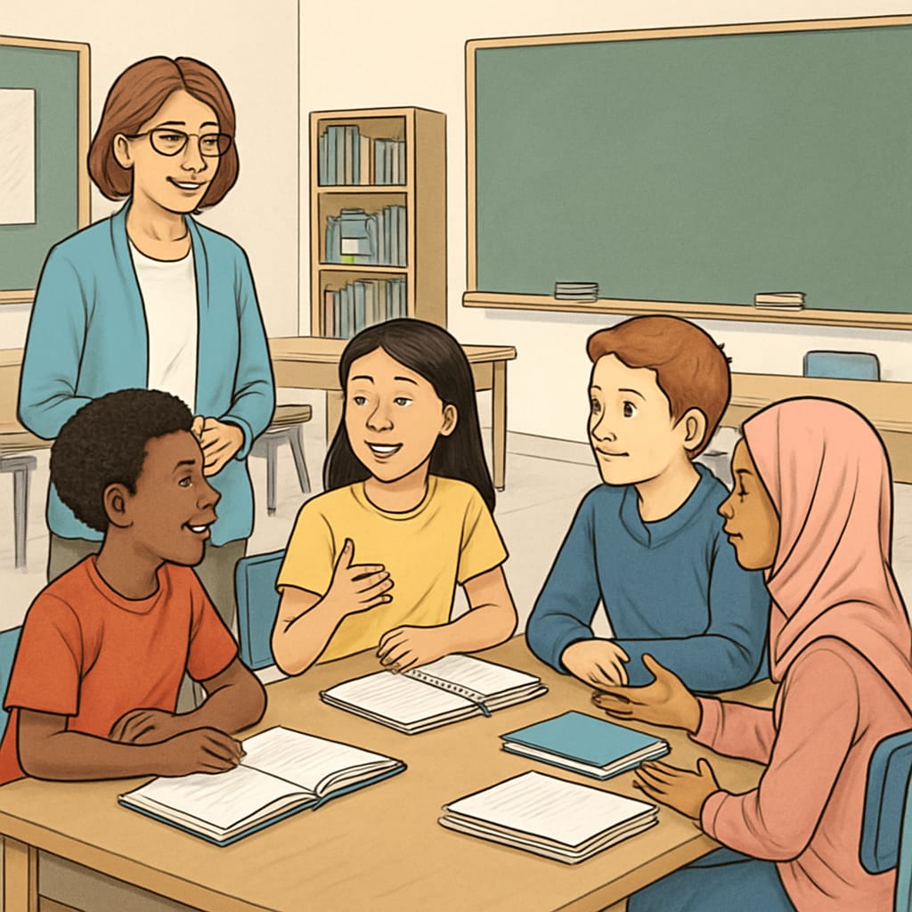 A classroom setting showing diverse students in discussion while a teacher actively listens, symbolizing respect for student voices.