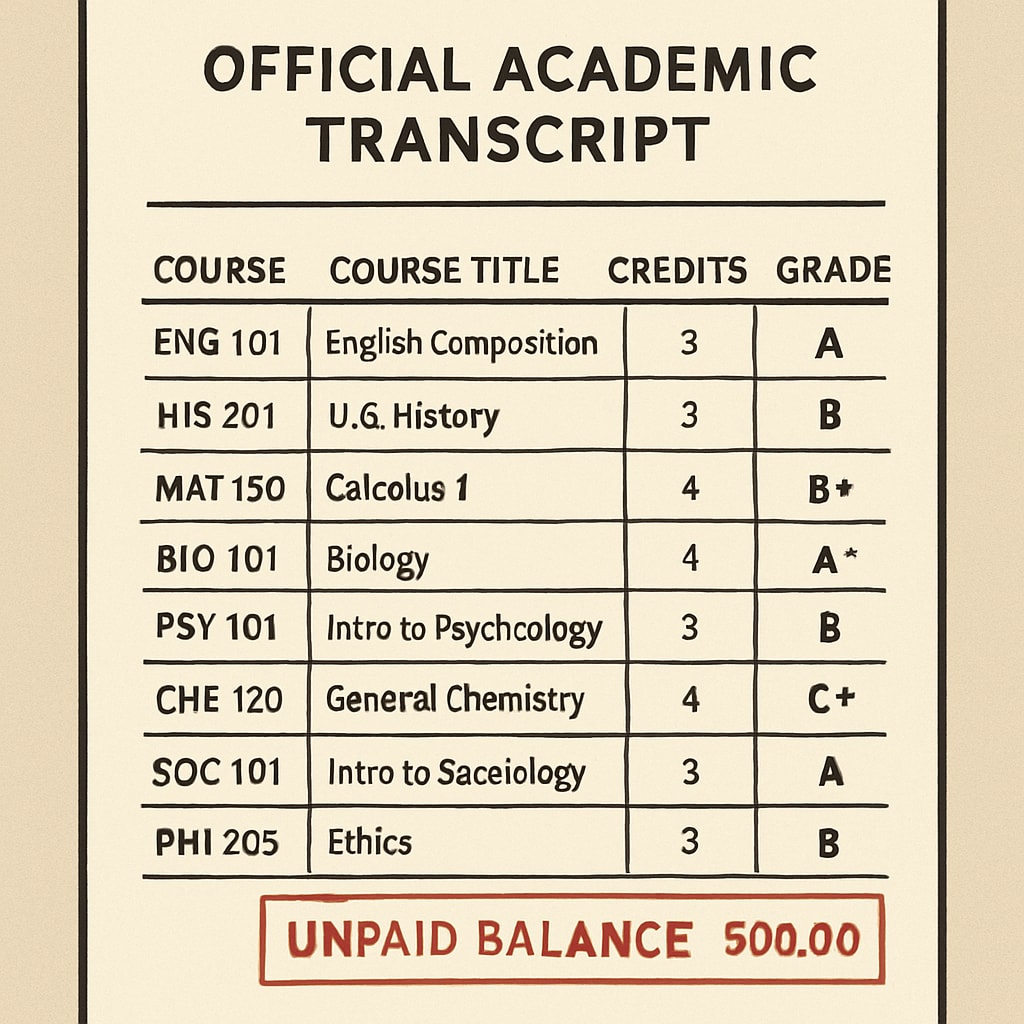 Academic transcript showing unpaid tuition balance notices.