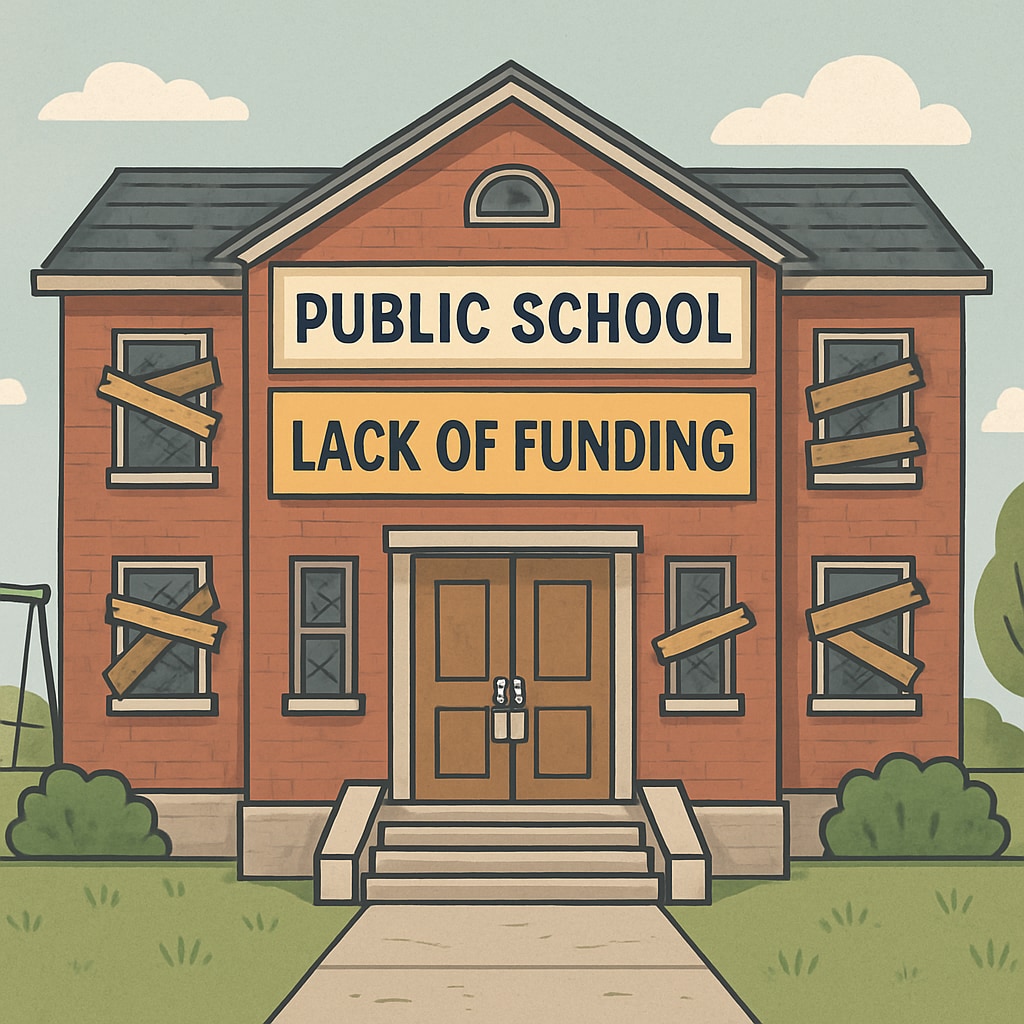 A closed public school building with a sign indicating a lack of funding. Closed public school building due to lack of funding caused by diverted public education funds.