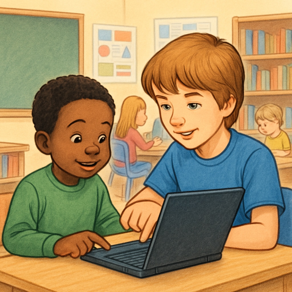 Kindergarten and fourth-grade students collaborating on a computer activity, demonstrating teamwork and digital literacy. Kindergarten and fourth-grade students working together on a computer-based learning activity.