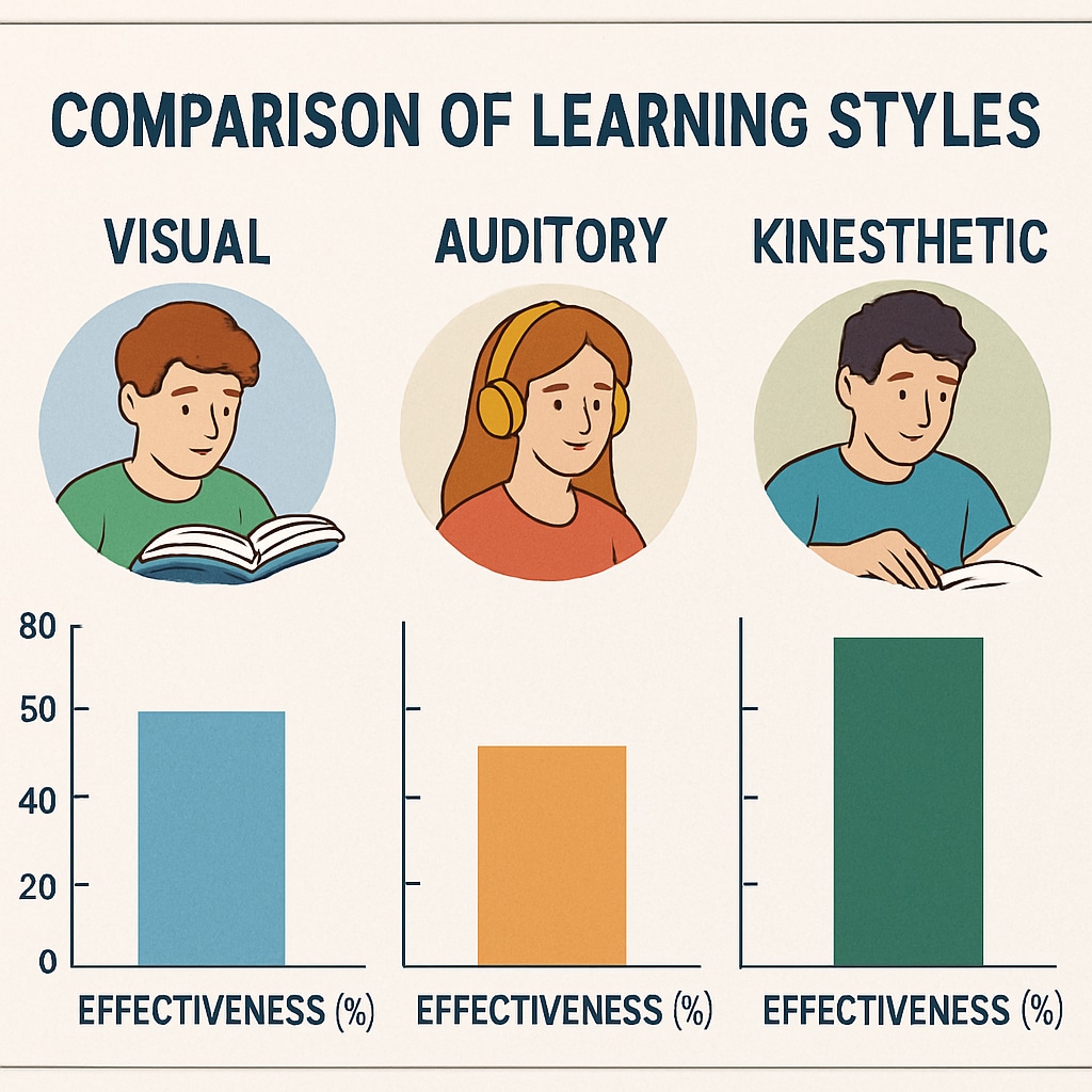 A chart showcasing different learning styles (visual, auditory, kinesthetic) and their effectiveness based on survey data. A chart illustrating learning styles and survey findings on effective methods.