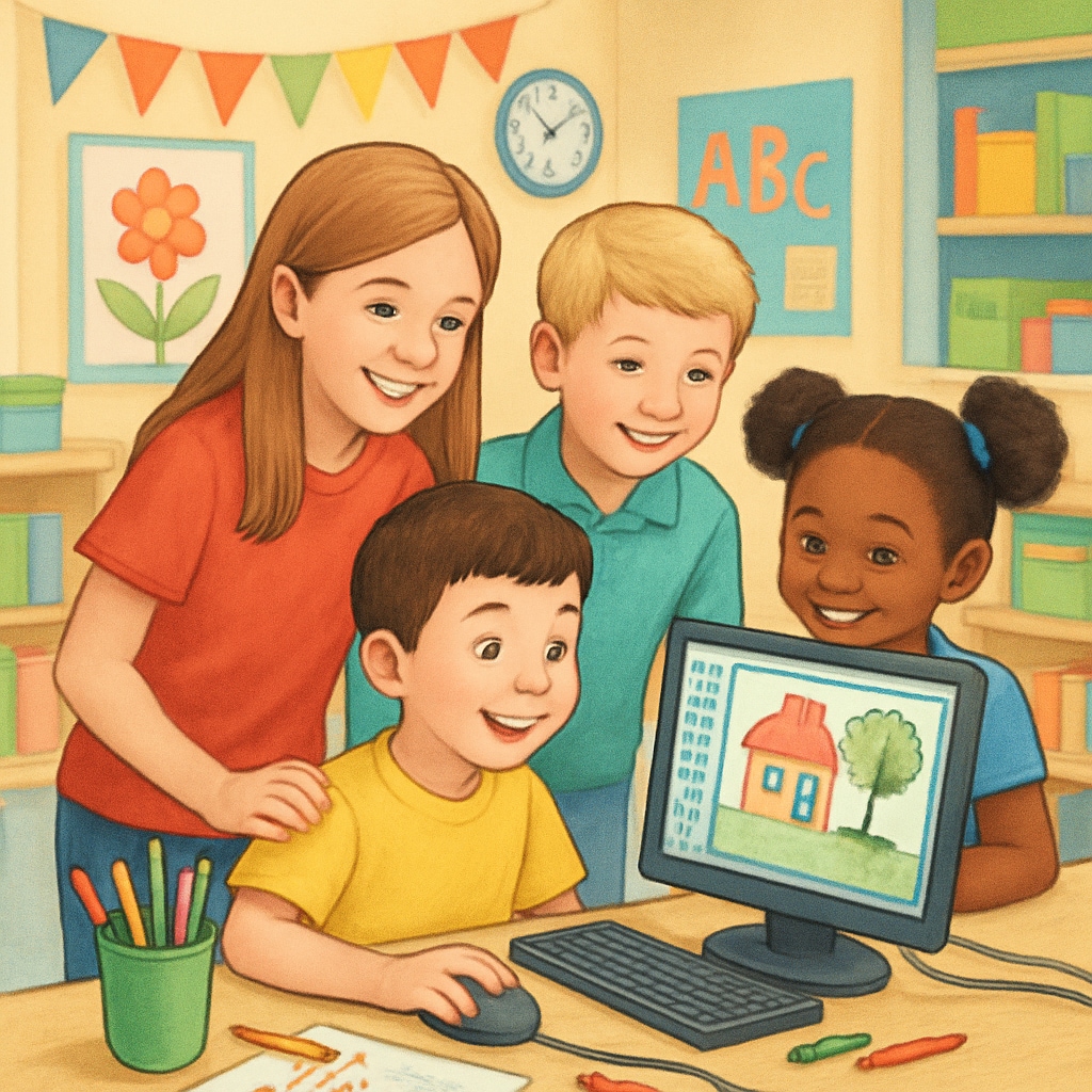 Kindergarten and fourth-grade students working on a creative computer project.