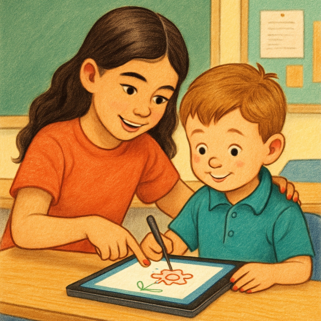 A fourth-grader helping a kindergarten student use a tablet for a digital art project, highlighting mentorship and creativity. Fourth-grader assisting a kindergarten student in creating digital art on a tablet.