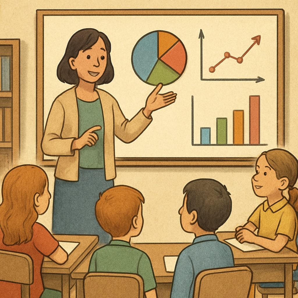 A teacher reviewing data charts with students, showing personalized learning in action. Teacher and students analyzing data to personalize learning approaches.
