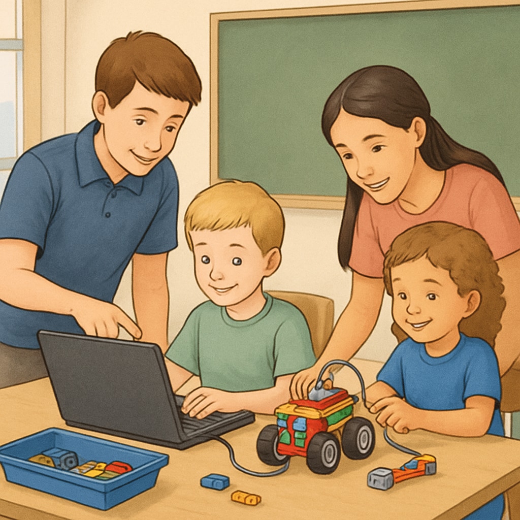Fourth graders guiding kindergarteners in a collaborative tech activity.