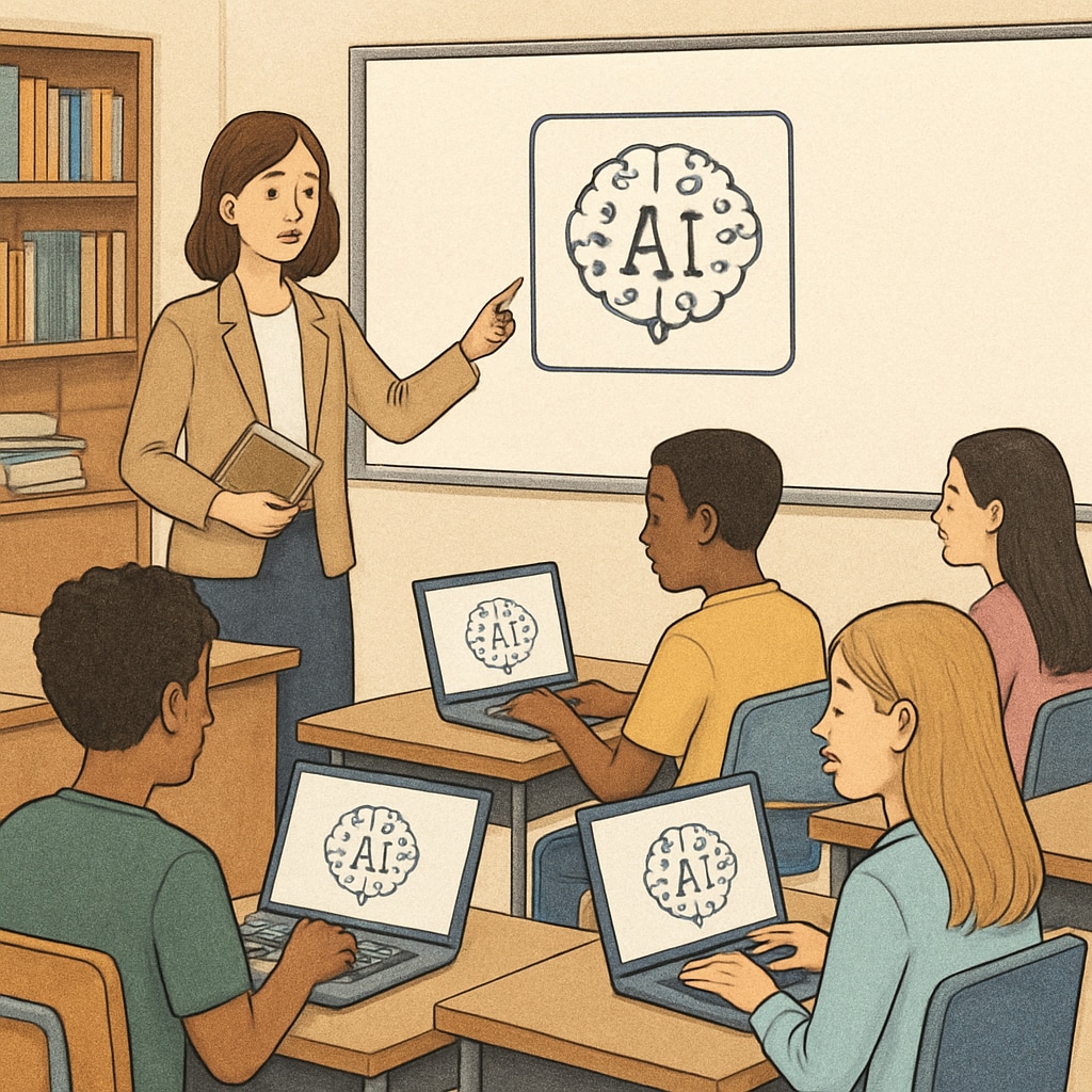 A classroom setting where students are using laptops, illustrating the integration of AI tools in modern education. Students using laptops with AI tools in a classroom