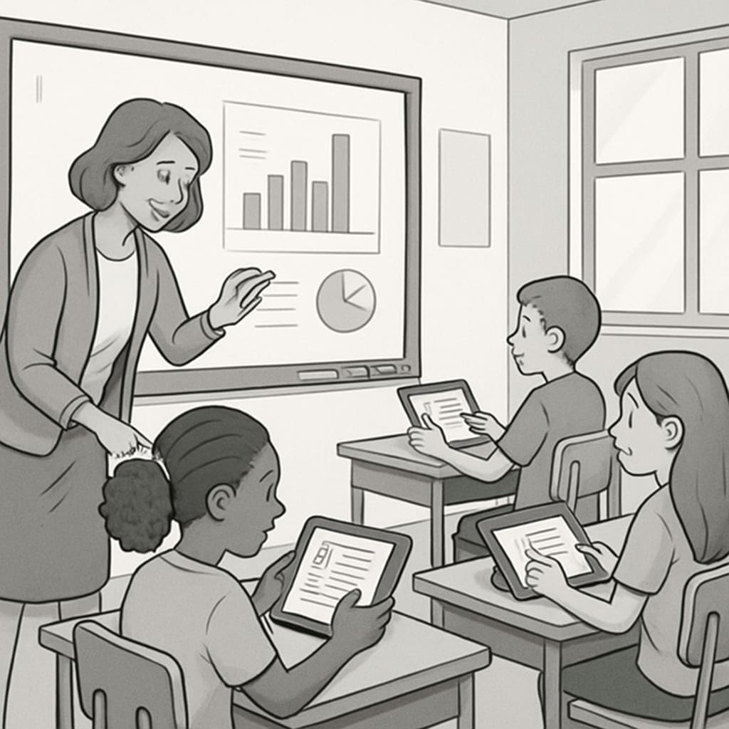 An AI-powered classroom with a teacher assisting students using digital tools like tablets and interactive whiteboards. Classroom scene with teacher and AI tools, emphasizing AI in education.