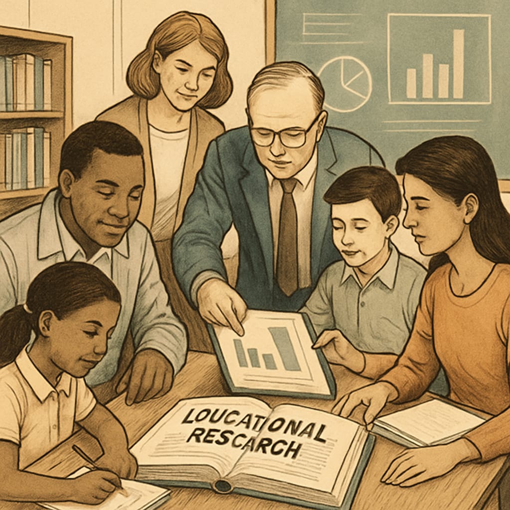 A diverse group of educators, parents, and students collaborating on educational research, emphasizing community involvement. Educators, parents, and students discussing K12 learning methods as part of a research project.