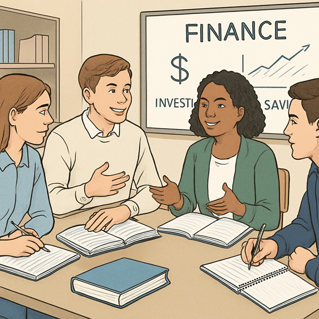 A group of students studying together, discussing financial concepts. Students discussing financial concepts related to CMA USA preparation in Kerala.