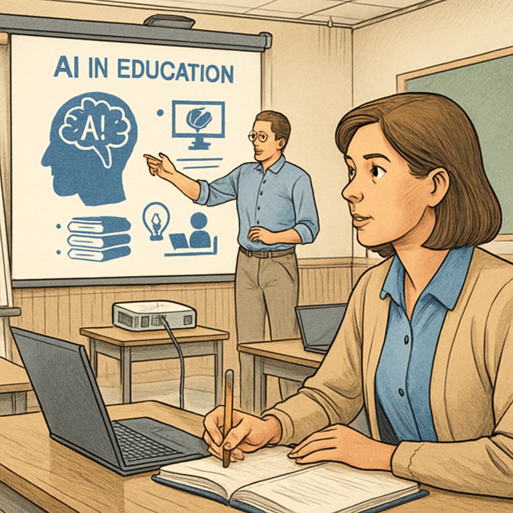 A teacher attending a professional development workshop to learn about AI integration in education. Teacher participating in an AI-focused training session to improve skills.
