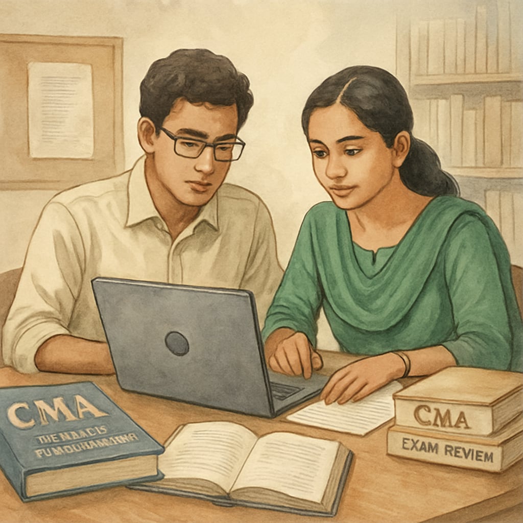 Two finance students in Kerala working on a laptop together, surrounded by CMA study materials. Two students in Kerala preparing for the CMA USA exam using collaborative study methods.