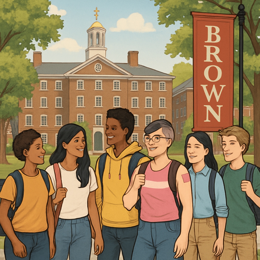 A group of diverse students, including visibly transgender individuals, walking through Brown University's campus. Brown University students, including transgender individuals, walking on campus.