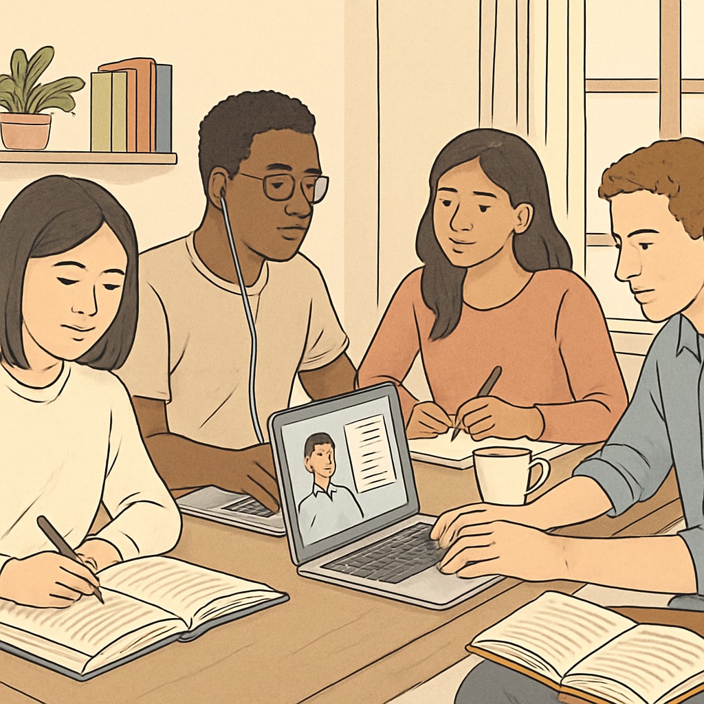 A diverse group of students studying at home, representing online learning opportunities for international students. Online high school learning opportunities for international students
