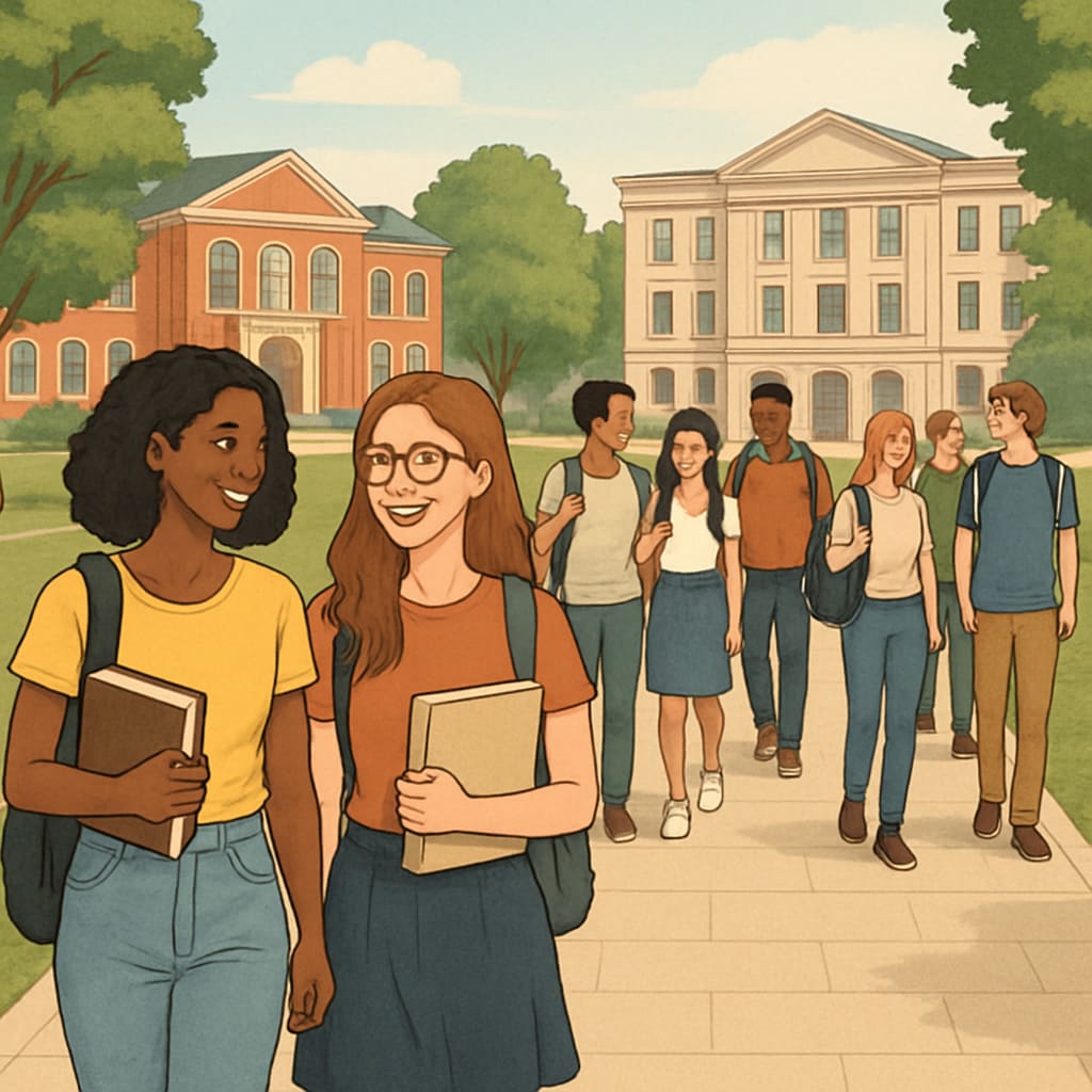 A college campus setting with diverse students walking together, symbolizing inclusivity and gender diversity. A college campus with diverse students, representing inclusivity and gender diversity.