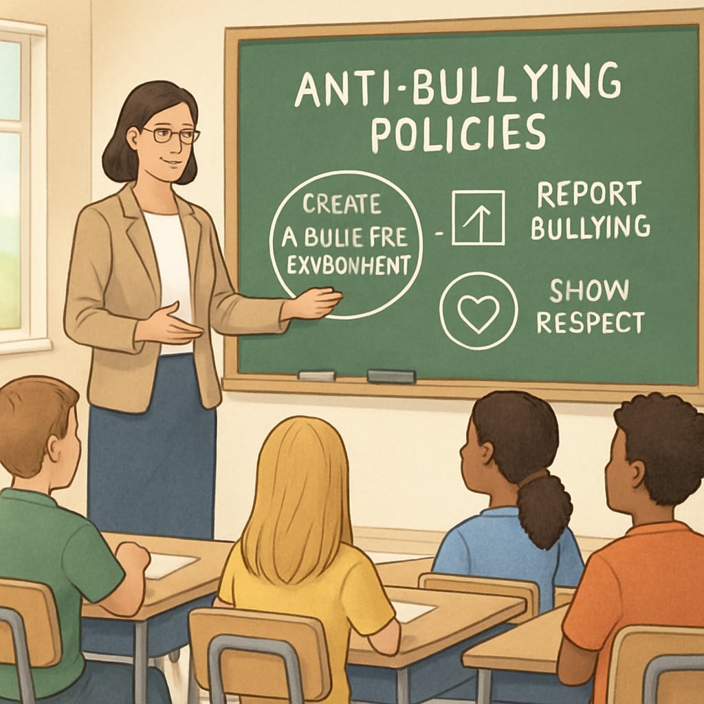 A teacher explaining anti-bullying policies to students in a classroom, emphasizing the importance of creating a bully-free environment. Anti-bullying policies discussion in a classroom