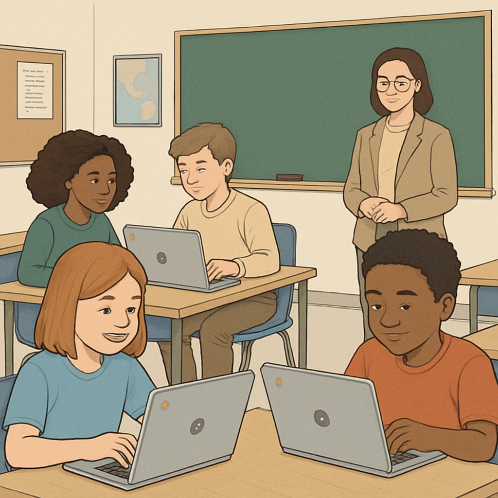 A classroom setting showing students collaboratively working on Chromebooks, emphasizing the integration of technology in education. Students using Chromebooks in a classroom for collaboration and research.