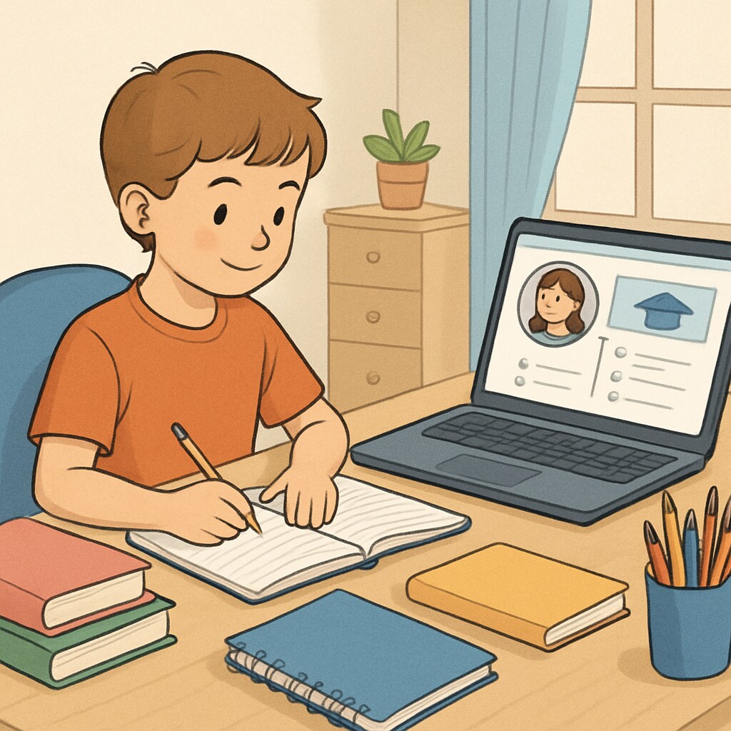 A child studying at home using an online learning platform, surrounded by school supplies. Online public education: A child learning at home using an online platform.