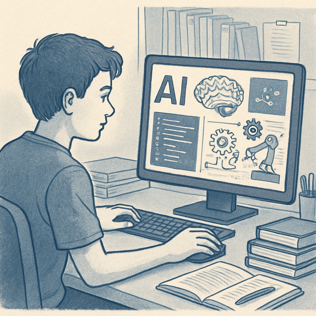 A teenager sitting in front of a computer, researching careers in programming and engineering, with AI-related visuals on the screen. Teen researching career choices in programming and engineering with AI visuals on screen.