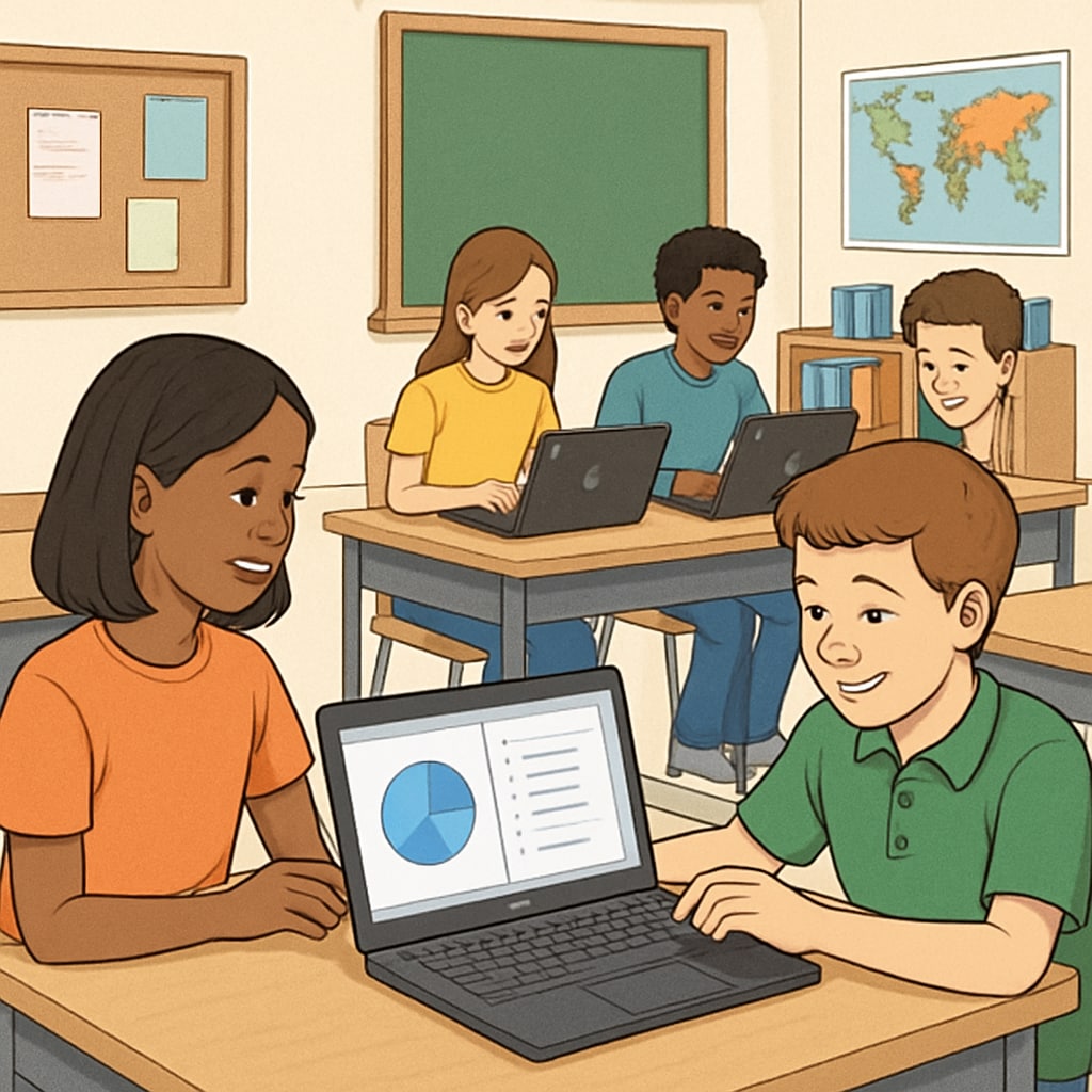 Students using Chromebooks in a classroom setting for group work