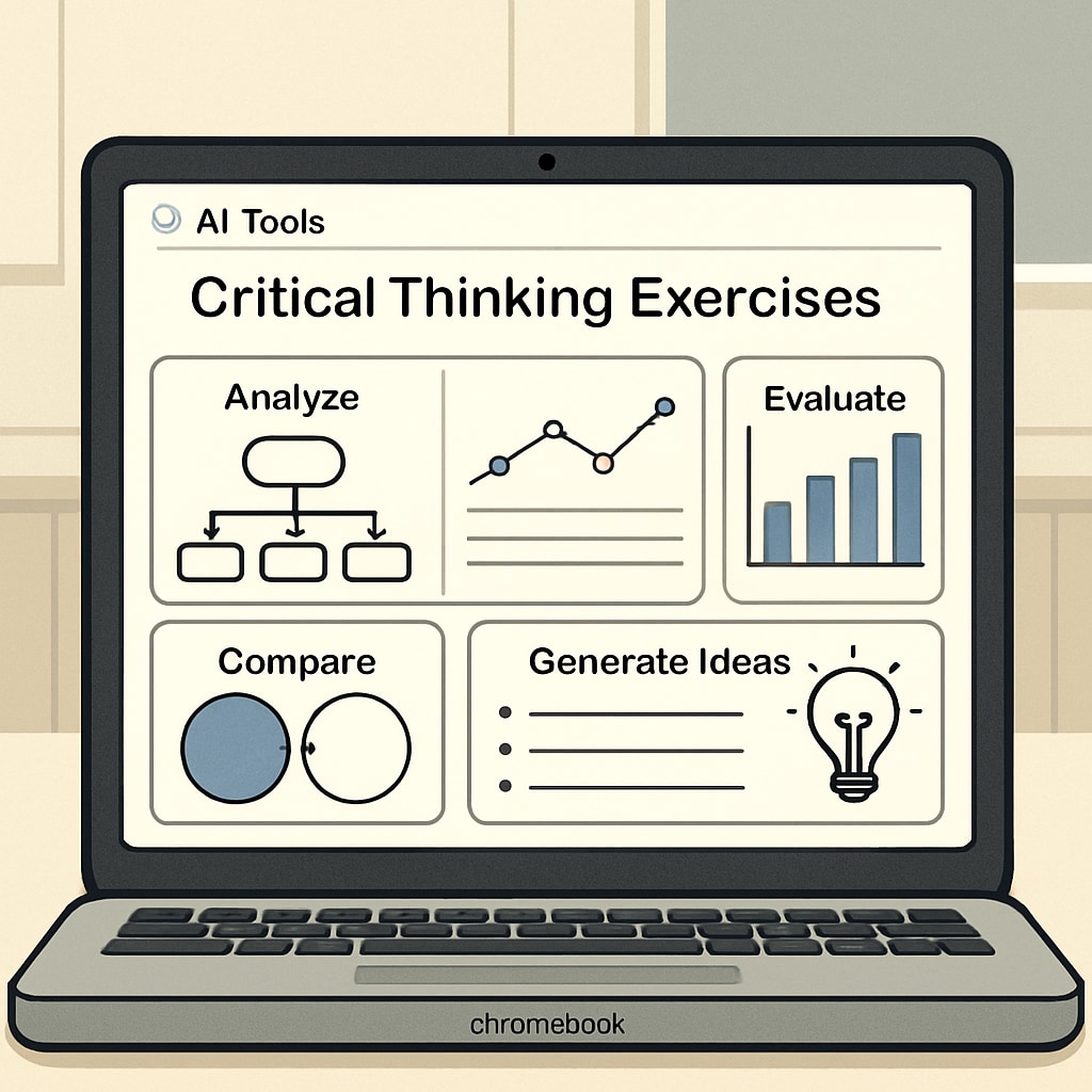 An educational app displayed on a Chromebook, illustrating how AI tools can foster critical thinking exercises. Chromebook displaying an AI-powered app for critical thinking activities.