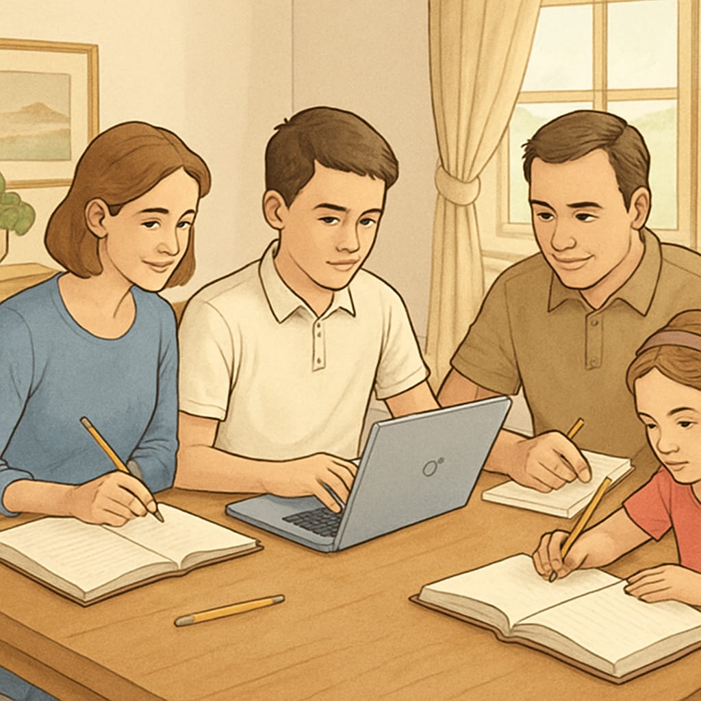 A family working together at a dining table, with a student completing an online assignment. Online public education: A family assisting a student with an online lesson.