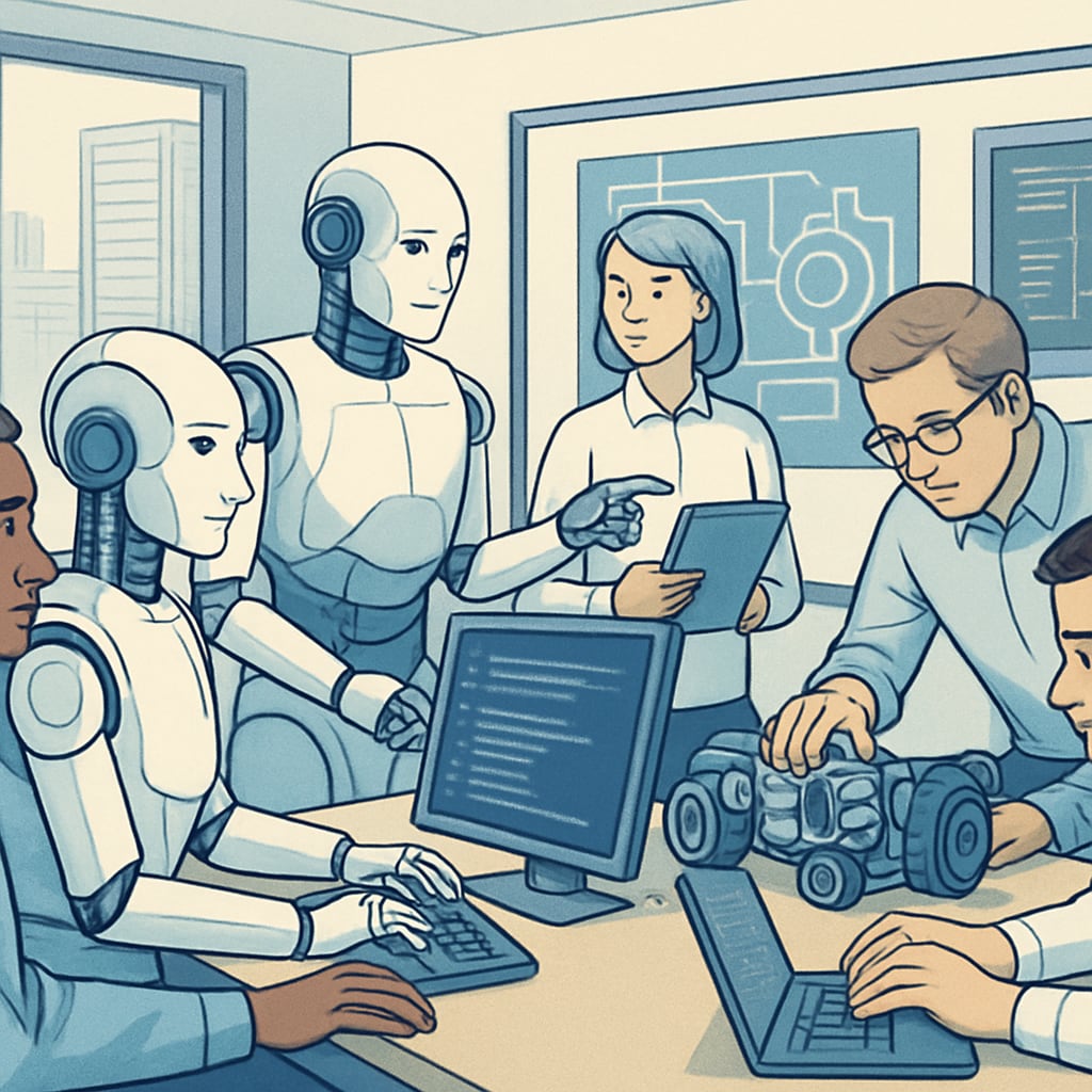 A futuristic workplace with humans and AI-powered robots collaborating on engineering and programming projects. Humans and AI-powered robots collaborating in a workplace related to programming and engineering.