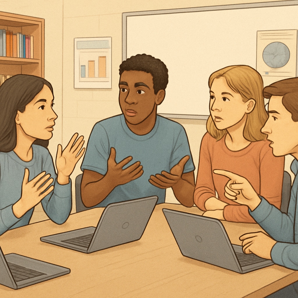 Students debating in a classroom without the use of Chromebooks