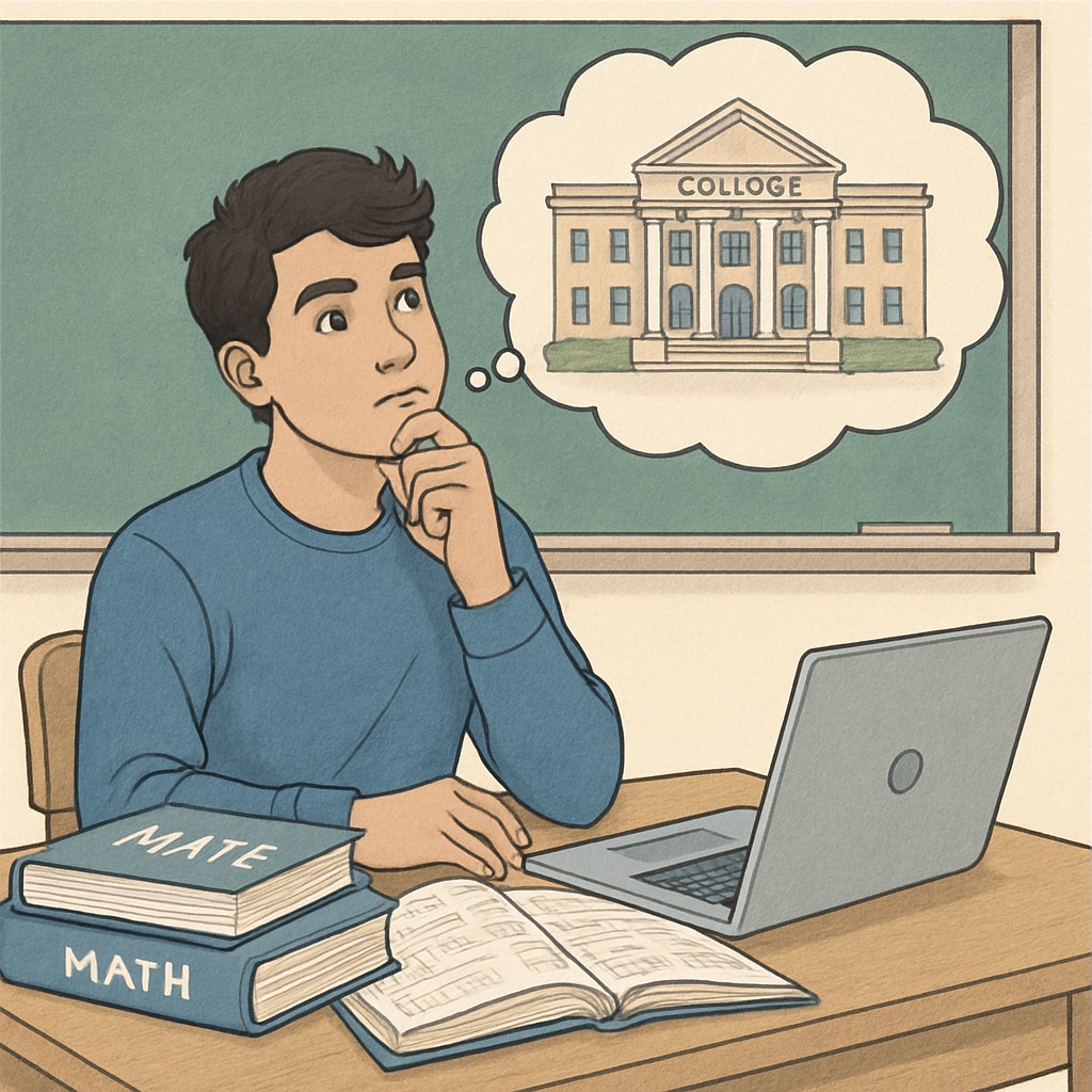 High school student with math books and laptop exploring college major choices.