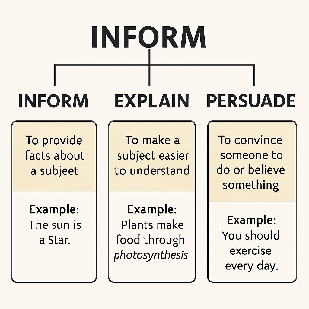 Diagram showing text purposes: informing, explaining, persuading, with examples.