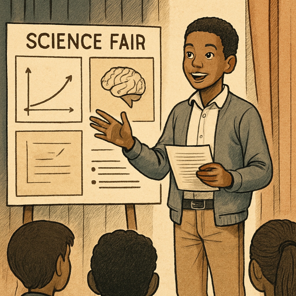 A student showcasing critical thinking and communication skills during a project presentation.