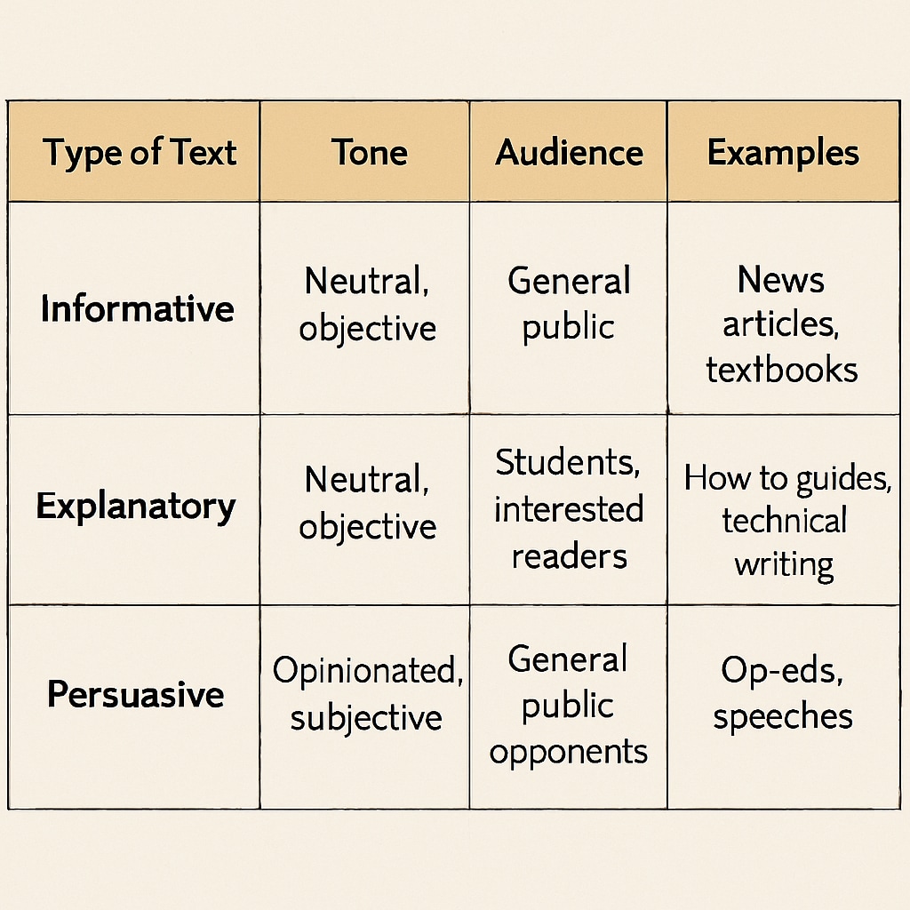 Table comparing text purposes: informative, explanatory, persuasive, with tone and examples.