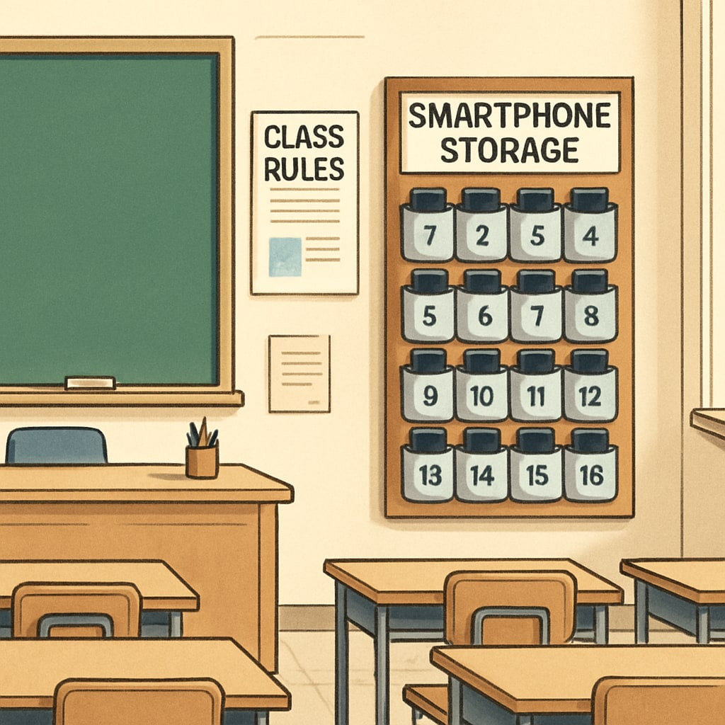 Classroom smartphone storage area to support balanced management policies.