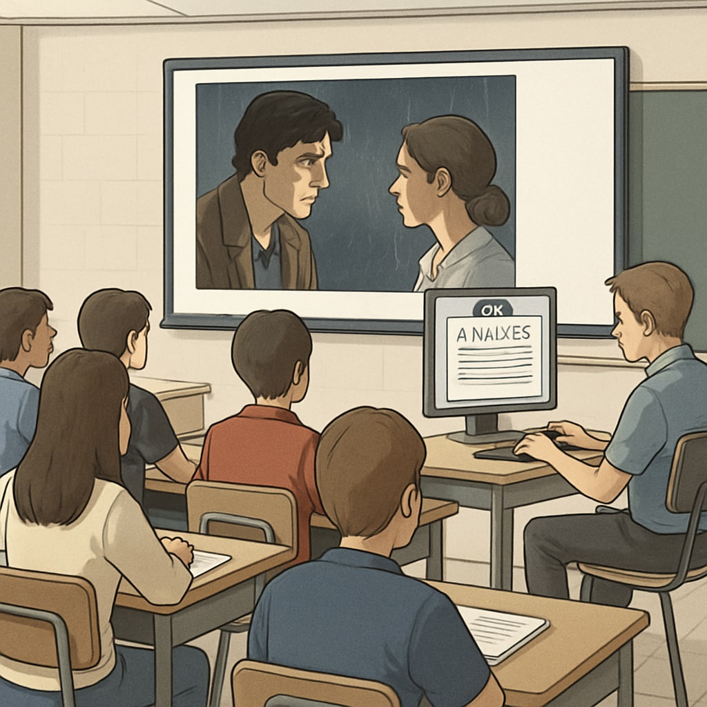 High school students using AI tools for media literacy and film analysis.