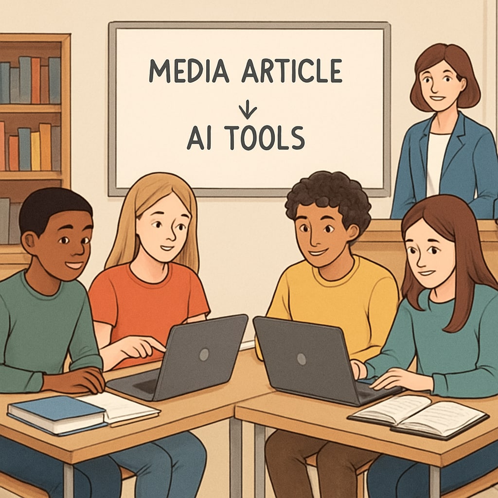 Students analyzing media articles with AI tools in a classroom.