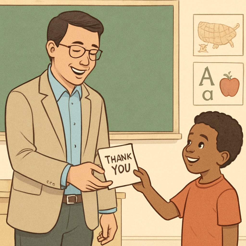 Teacher receiving a thank-you card from a student, highlighting student gratitude and teacher influence.