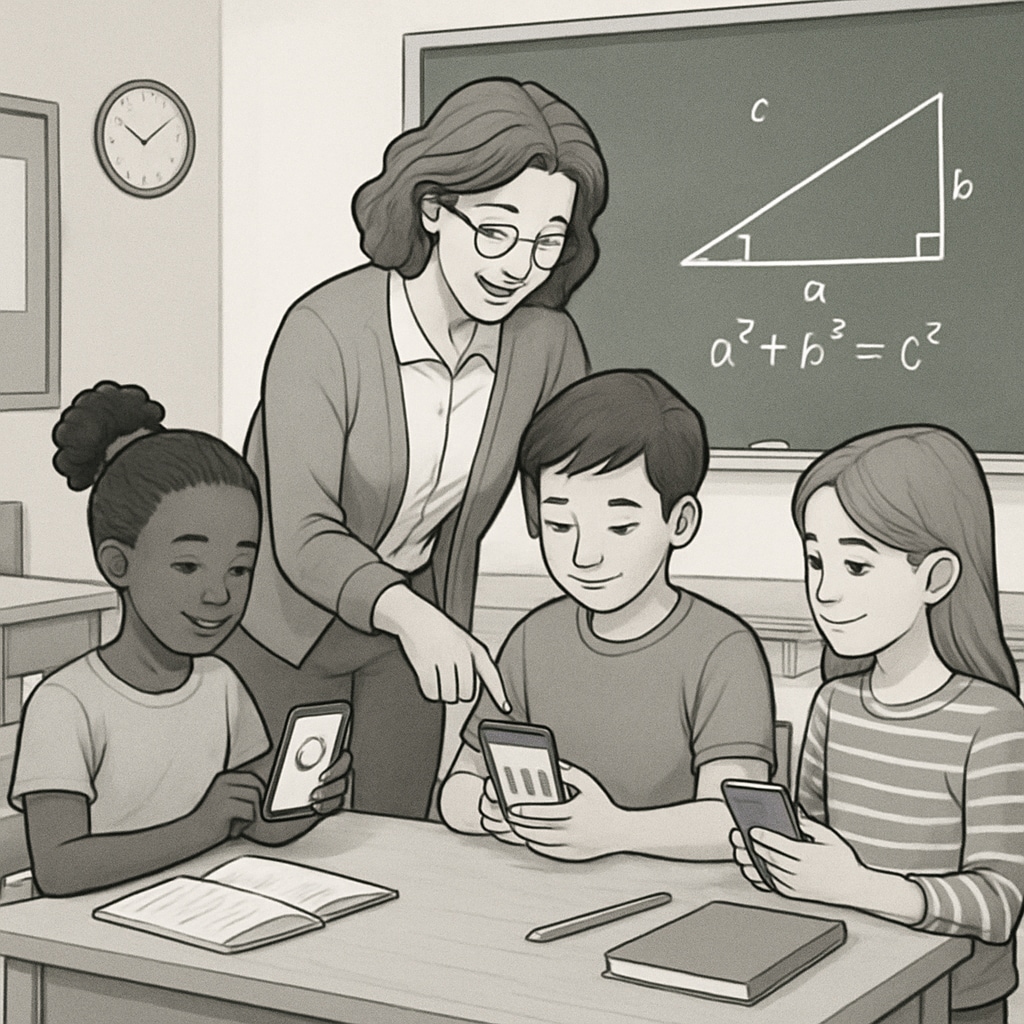 Teacher using smartphones for interactive learning in a classroom.