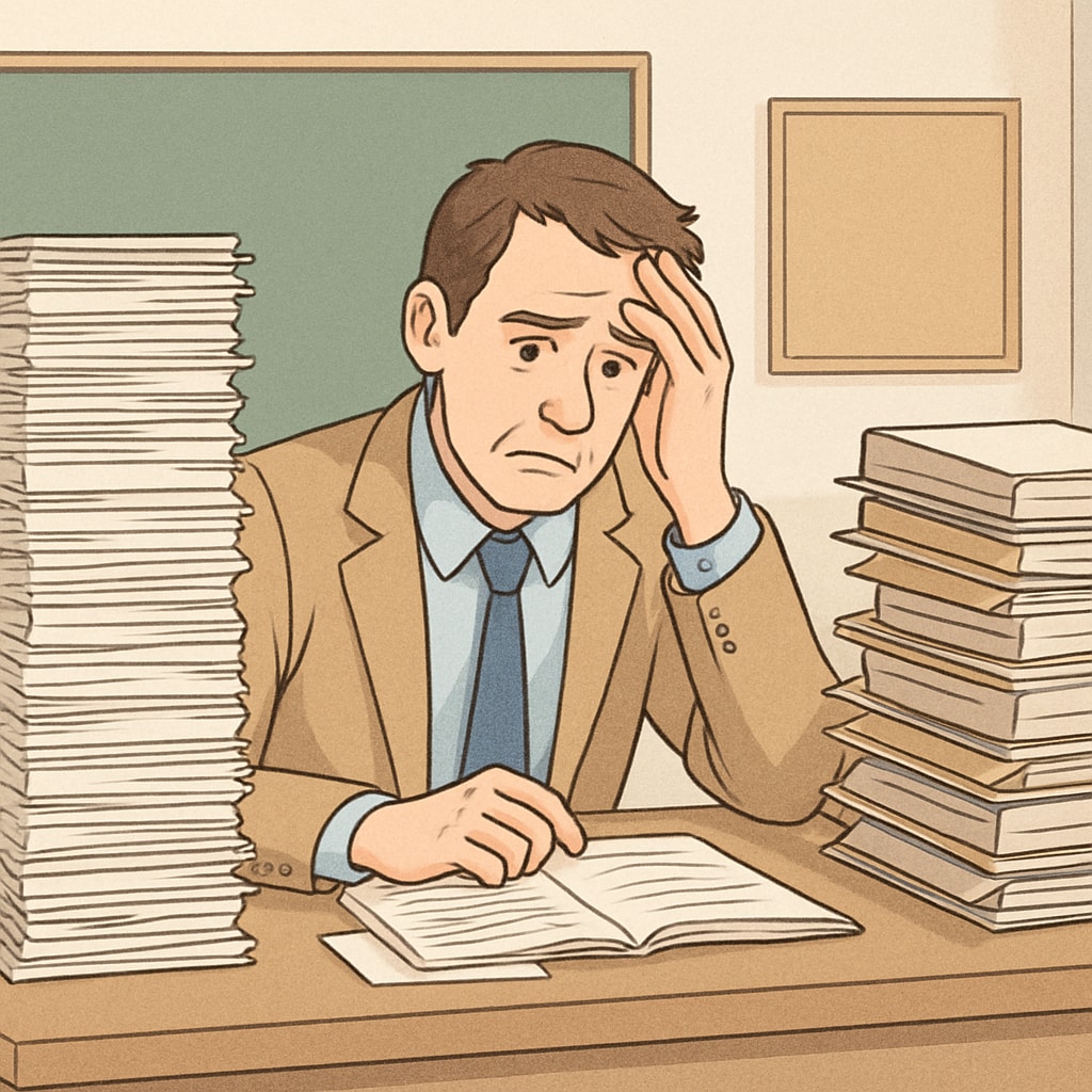 A teacher surrounded by piles of paperwork and administrative files, looking overwhelmed, illustrating the challenges faced before using EdChanger Pro. Teacher overwhelmed by administrative tasks before using EdChanger Pro.