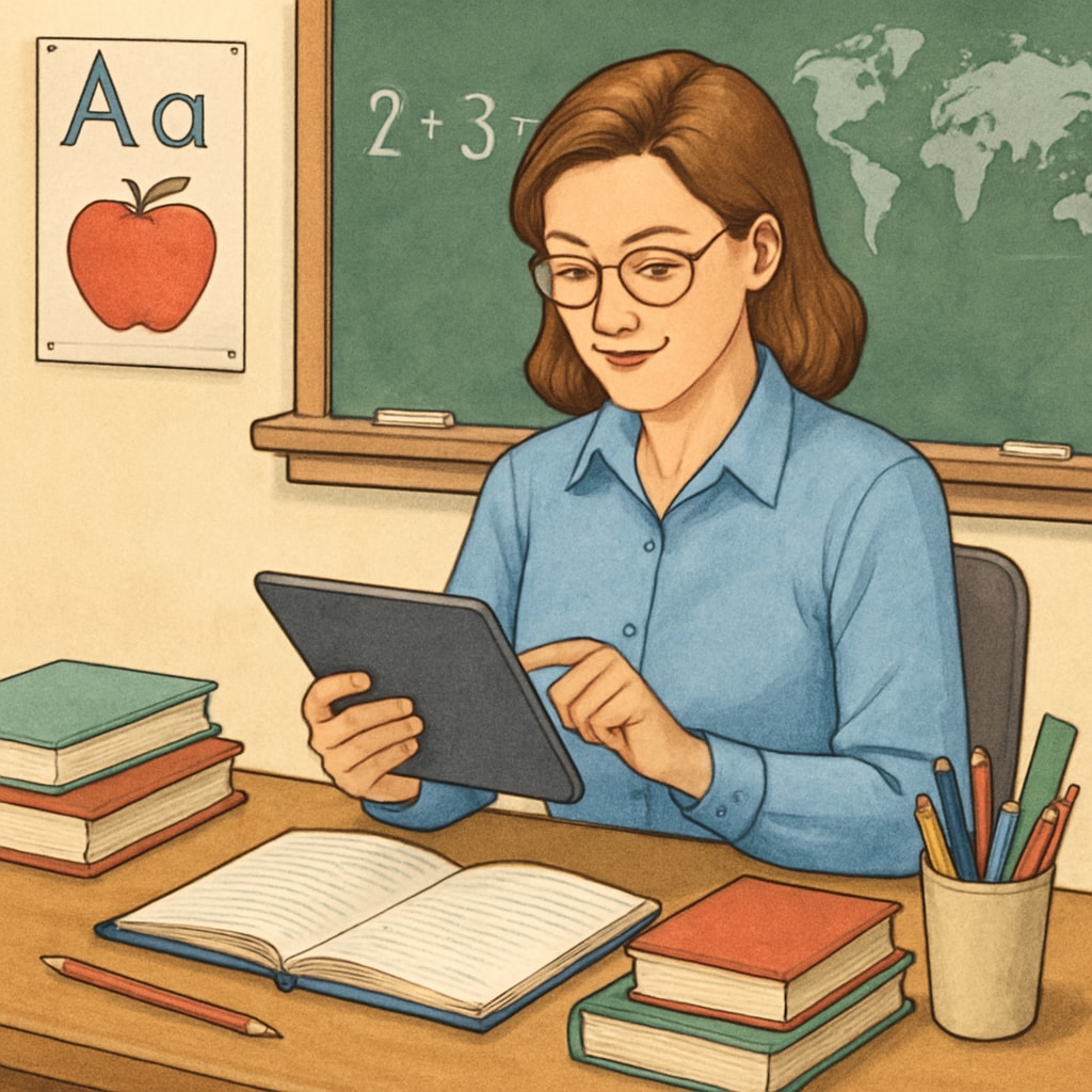 A teacher using EdChanger Pro on a tablet while preparing lesson plans in a classroom setting. Teacher using EdChanger Pro to enhance teaching efficiency.