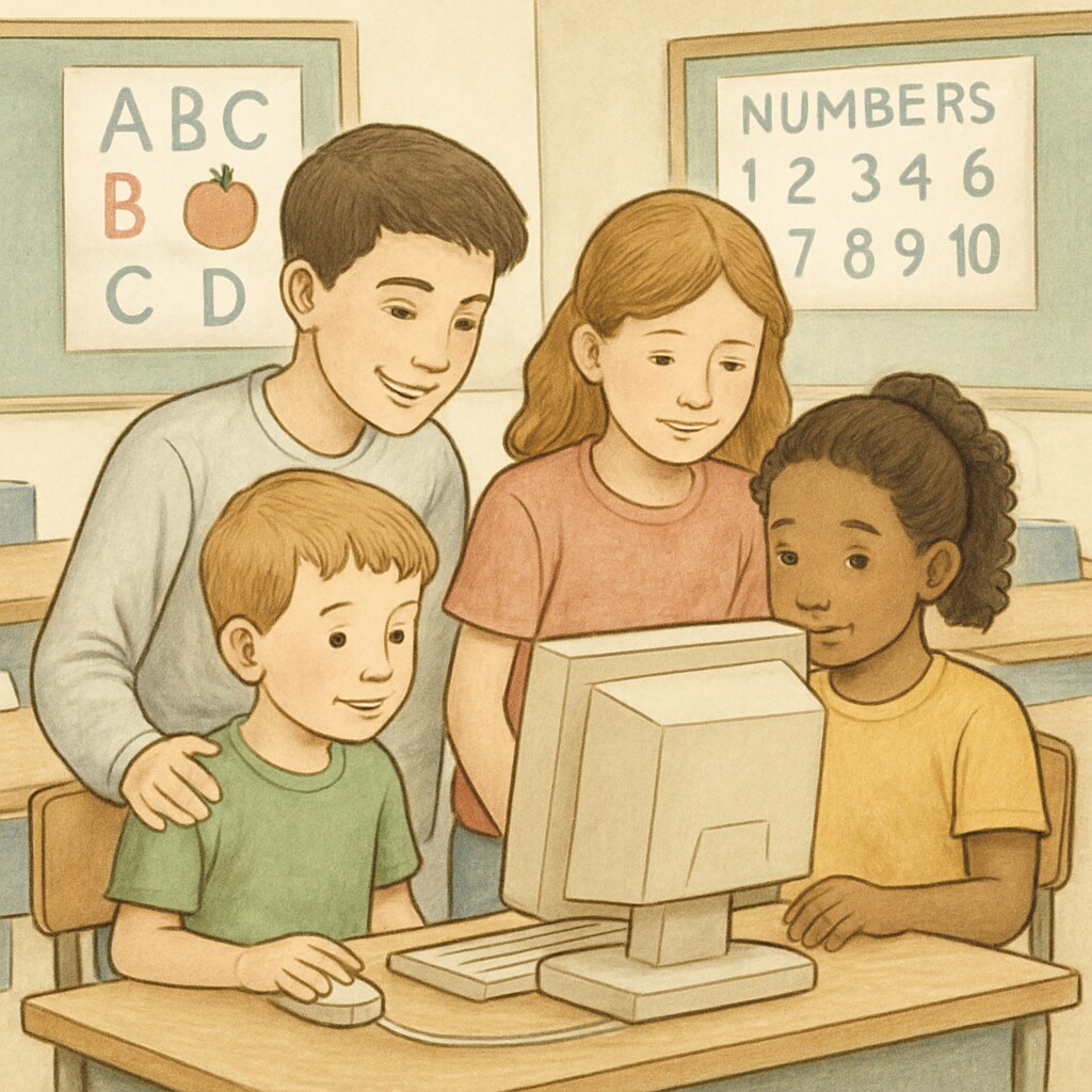 Kindergarten and fourth-grade students collaborating on a computer activity.
