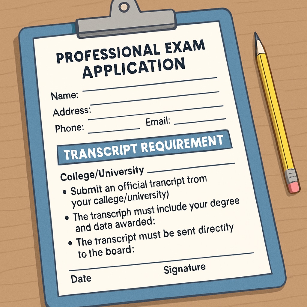 A professional exam application form on a desk, with a focus on the transcript requirement section. Professional exam application form highlighting the transcript requirement.