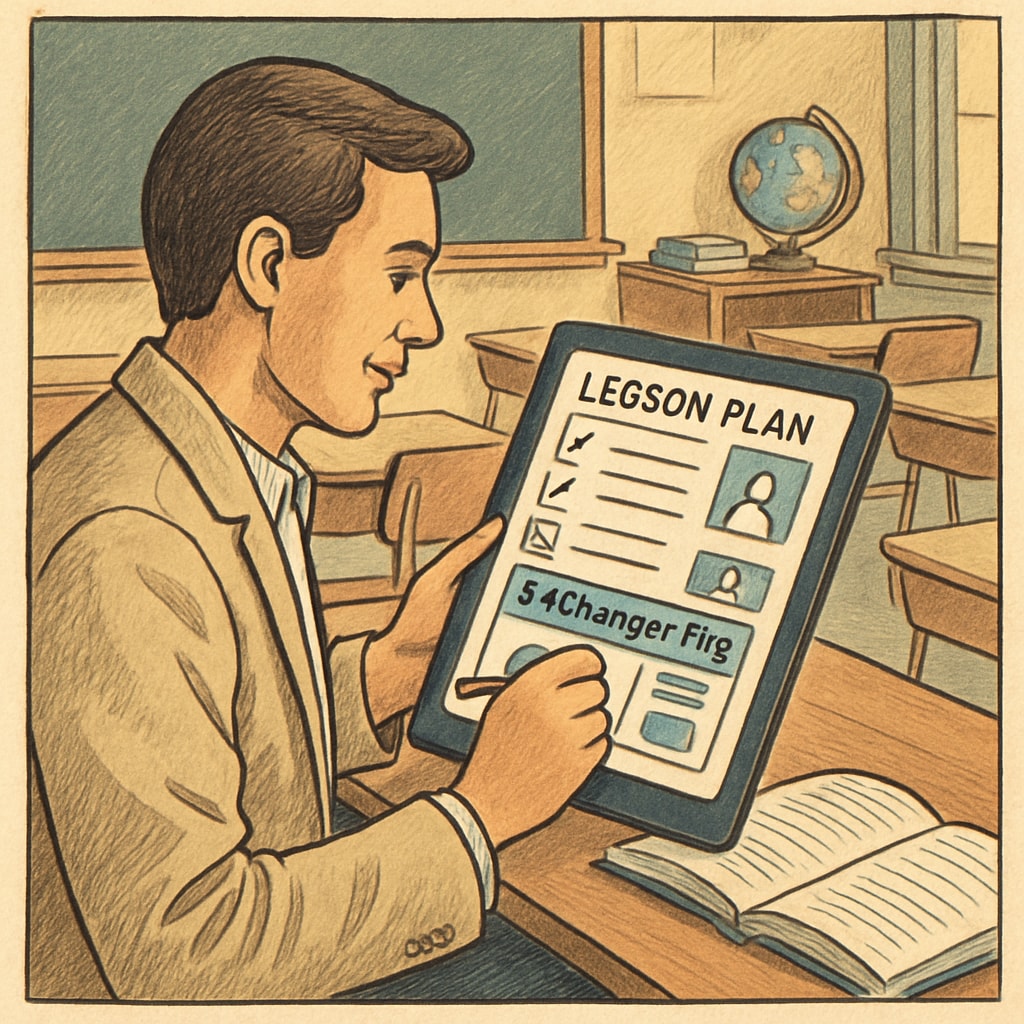 An educator using a tablet to create lesson plans with an intuitive app interface, showcasing EdChanger Pro's user-friendly design. Teacher creating lesson plans on a tablet using EdChanger Pro.