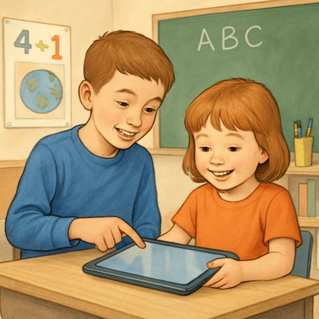 Fourth grader mentoring kindergartener during a tablet-based learning session.