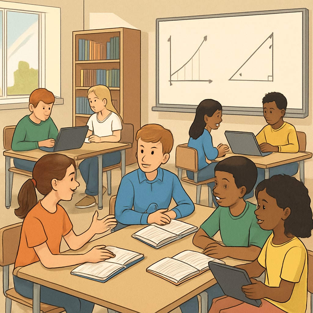 Students in a classroom using effective learning methods, including group work and digital tools.