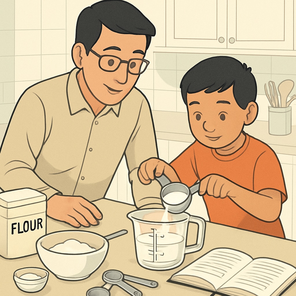 Parent teaching child math through cooking measurements.