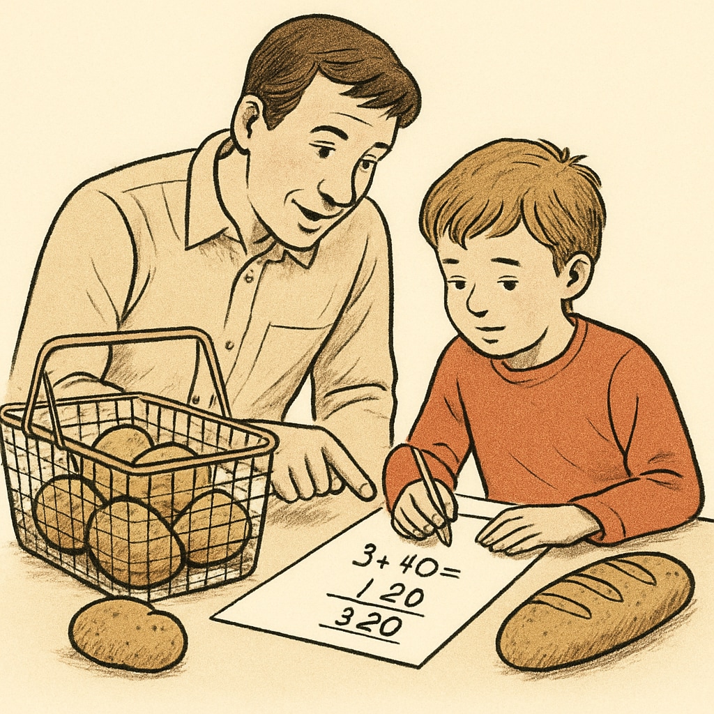 A child working on a real-world math problem with parental guidance.