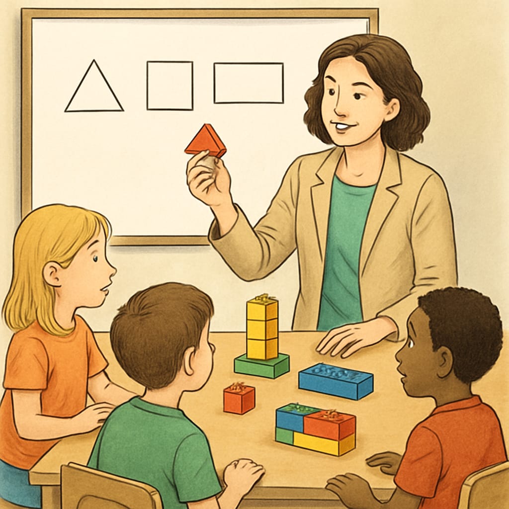 A teacher demonstrating geometry with LEGO blocks to kids.
