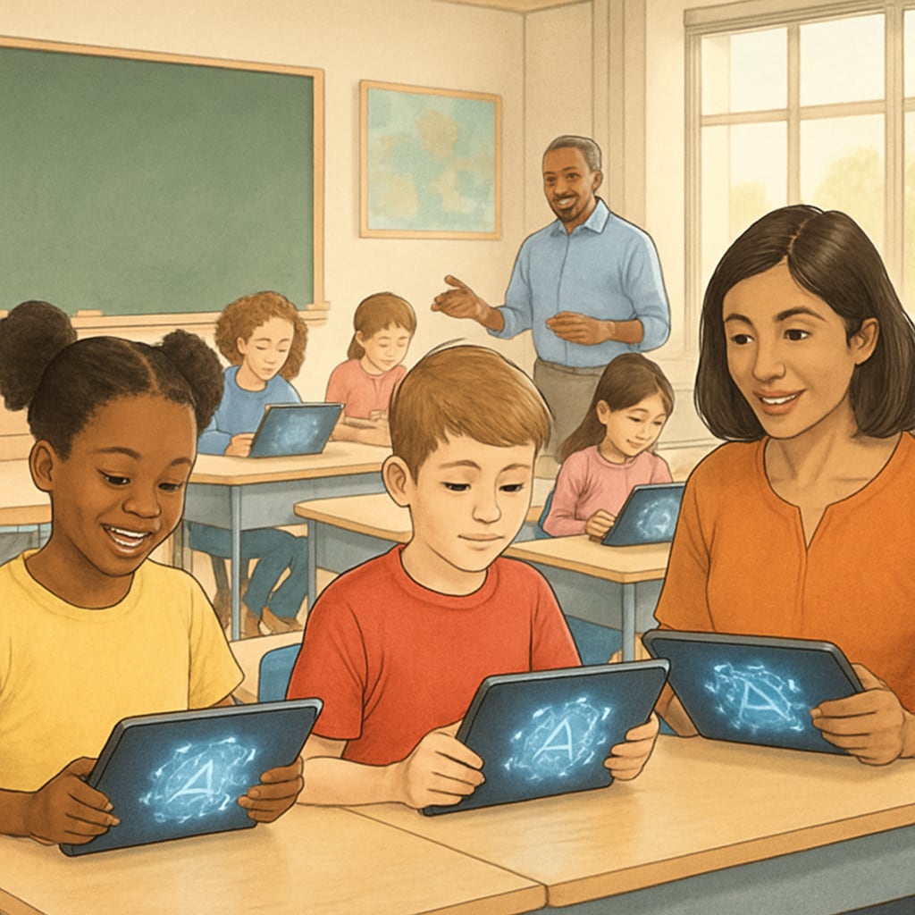 AI in education: students using AI-powered tablets in a classroom.