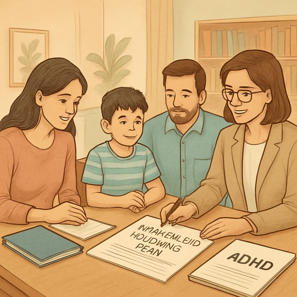 Parents creating a learning plan for ADHD support with a teacher.