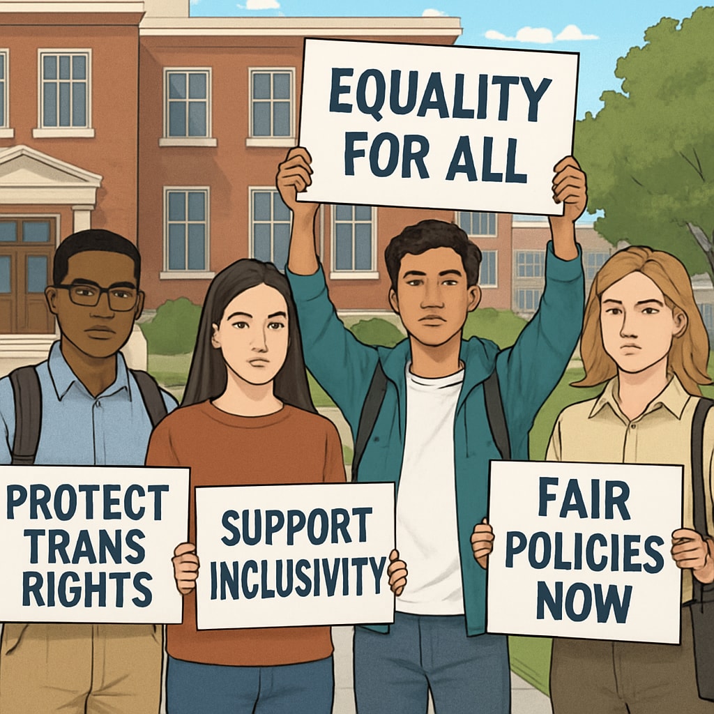 Students protesting restrictive gender policies at Brown University, advocating for transgender rights.